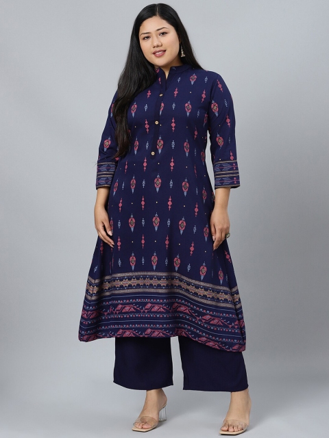 

curveZI by Ziyaa Women Navy Blue Printed Kurti with Palazzos