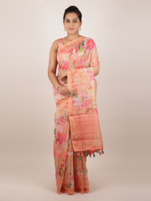 

Pothys Peach-Coloured Printed Jute Silk Saree