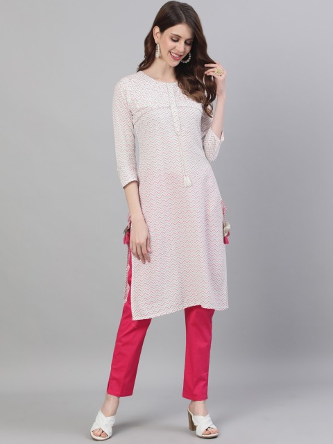 

Ishin Women White Leheriya Printed A-Line kurta