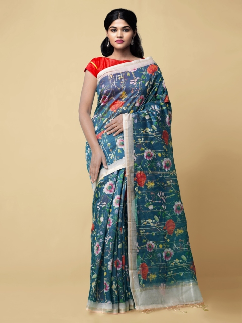 

Unnati Silks Blue Silk Cotton Printed Chanderi Saree