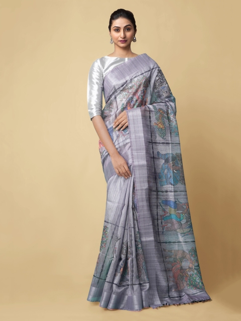 

Unnati Silks Grey Silk Cotton Kalamkari Printed Chanderi Saree