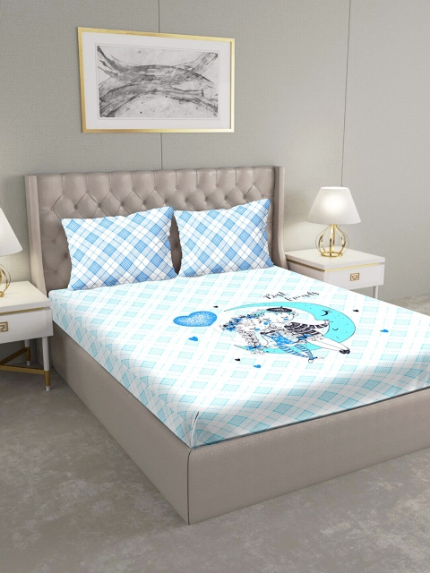 

BELLA CASA Blue & White Graphic 124 TC Cotton 1 King Bedsheet with 2 Pillow Covers