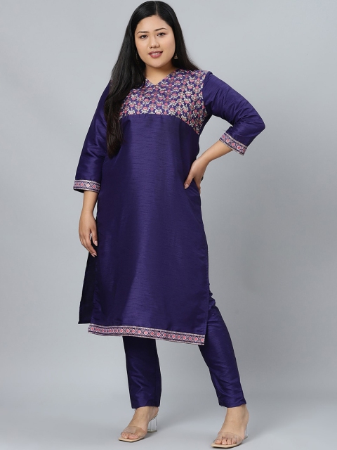 

curveZI by Ziyaa Women Navy Blue Yoke Design Kurta with Trousers