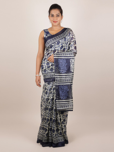 

Pothys Cream-Coloured & Navy Blue Jute Silk Printed Saree