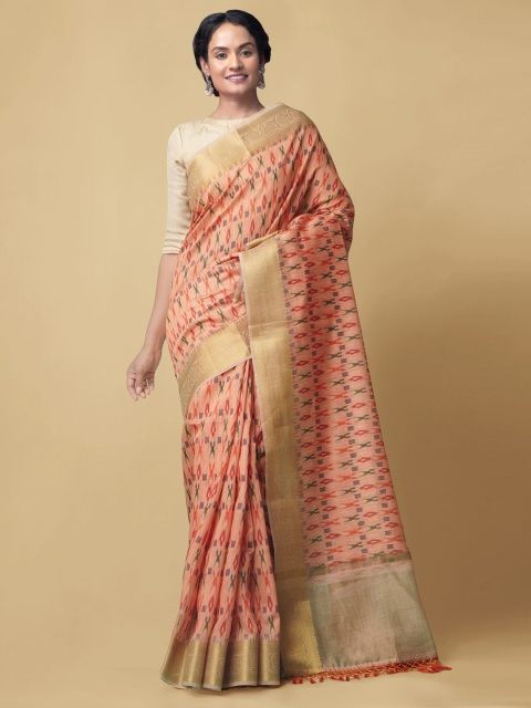 

Unnati Silks Orange Silk Cotton Printed Chanderi Saree