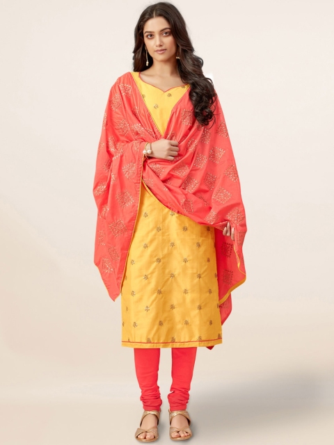 

Pothys Yellow & Peach-Coloured Cotton Blend Unstitched Dress Material