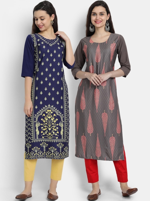 

7threads women Pack Of 2 navy blue & grey ethnic motifs printed crepe kurta