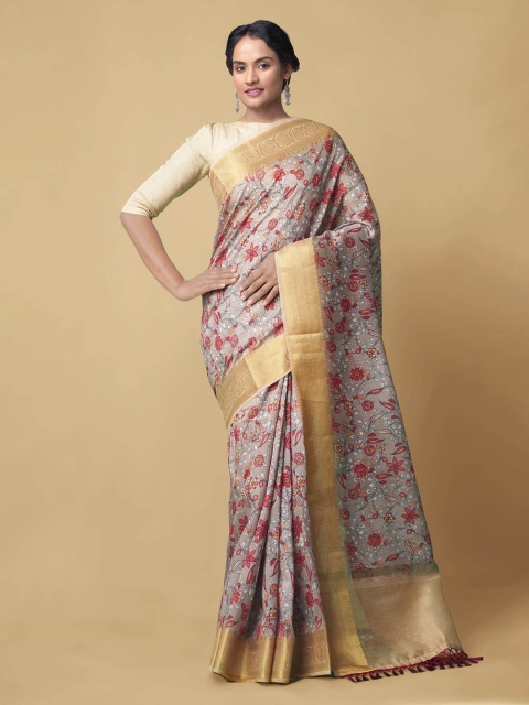 

Unnati Silks Grey Silk Cotton Printed Chanderi Saree