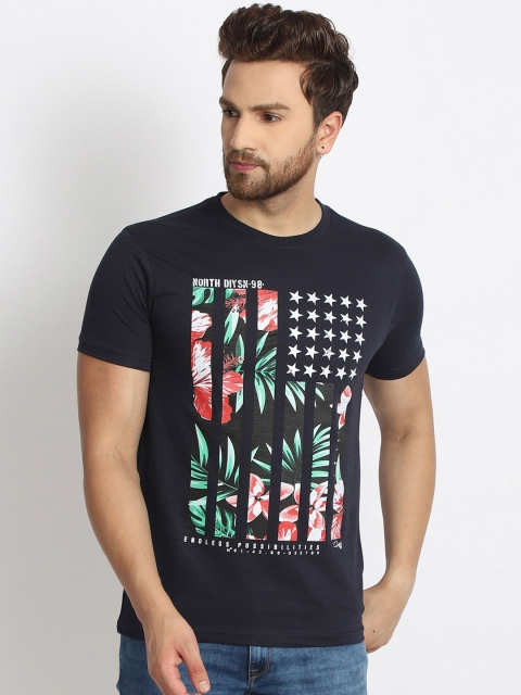

98 Degree North Men Navy Blue & Green Floral Printed Round Neck T-shirt