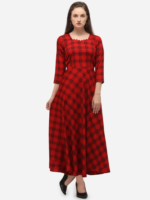 

VENISA Women Red Checked Fit and Flare Dress