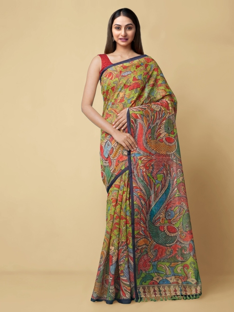 

Unnati Silks Green & Navy Blue Silk Cotton Printed Chanderi Handloom Saree