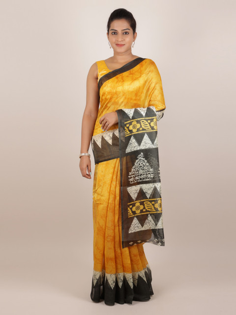 

Pothys Yellow Printed Jute Silk Saree