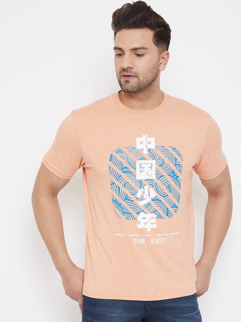 

98 Degree North Men Peach-Coloured & Blue Printed Round Neck T-shirt