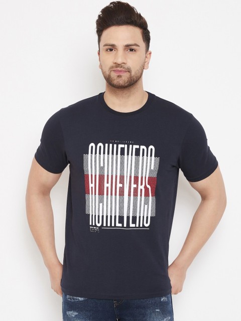 

98 Degree North Men Navy Blue & White Printed Round Neck T-shirt
