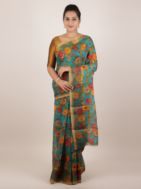 

Pothys Blue Floral Printed Jute Silk Saree