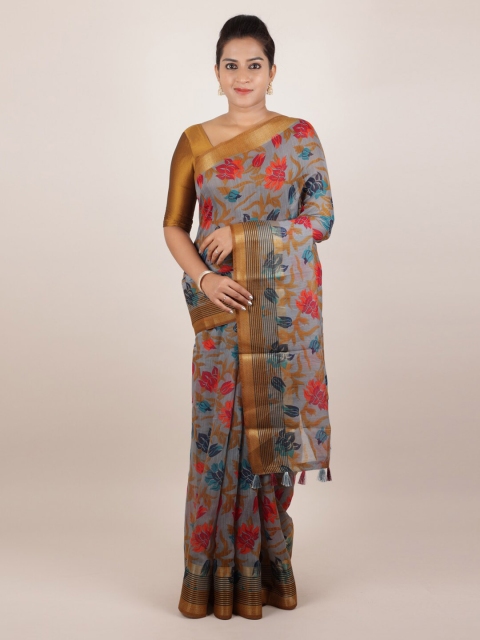 

Pothys Grey & Orange Jute Silk Printed Saree