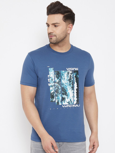 

98 Degree North Men Blue & White Printed Round Neck T-shirt