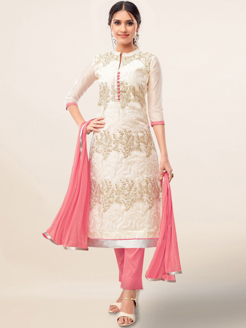 

Pothys Cream-Coloured & Pink Cotton Blend Unstitched Dress Material