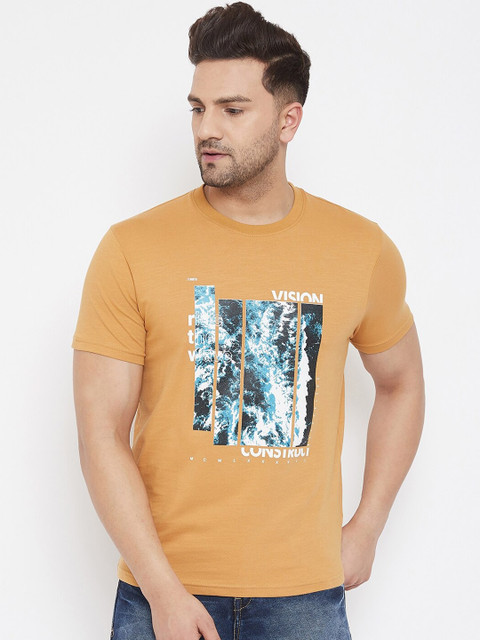 

98 Degree North Men Mustard Printed Round Neck T-shirt