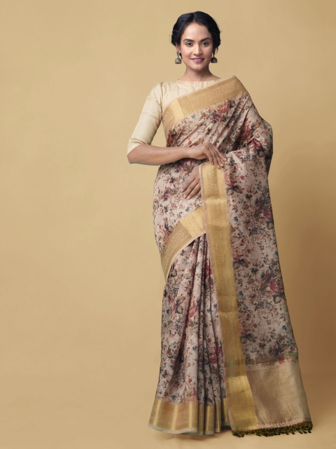 

Unnati Silks Cream-Coloured Silk Cotton Kalamkari Printed Chanderi Saree