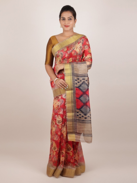 Pothys Red & Cream-Coloured Jute Silk Printed Saree