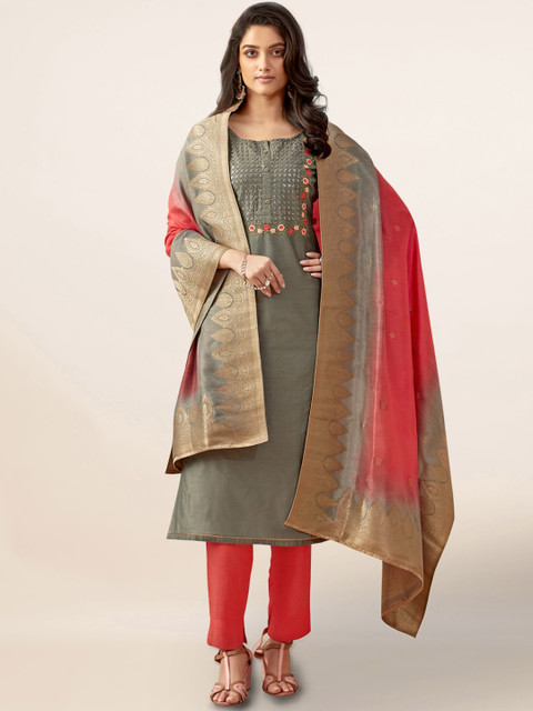 

Pothys Grey & Red Cotton Blend Unstitched Dress Material