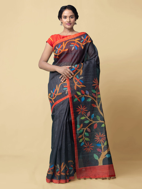 

Unnati Silks Black Silk Cotton Solid Chanderi Saree