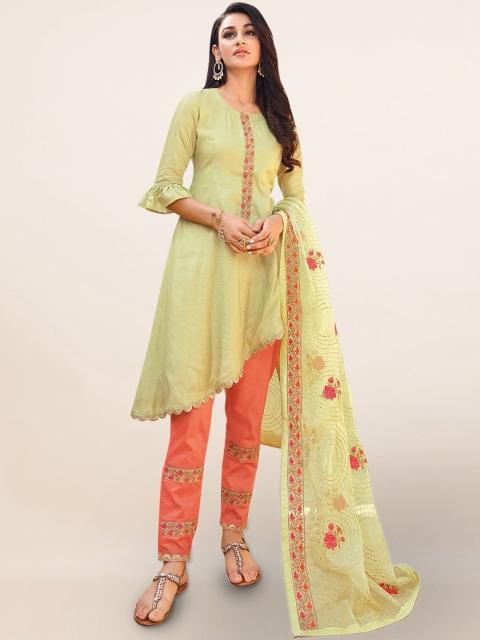 

Pothys Lime Green & Peach-Coloured Silk Blend Unstitched Dress Material