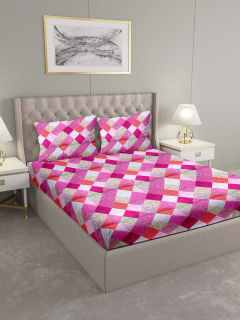 

BELLA CASA Pink & Red Geometric 180 TC Cotton 1 King Bedsheet with 2 Pillow Covers