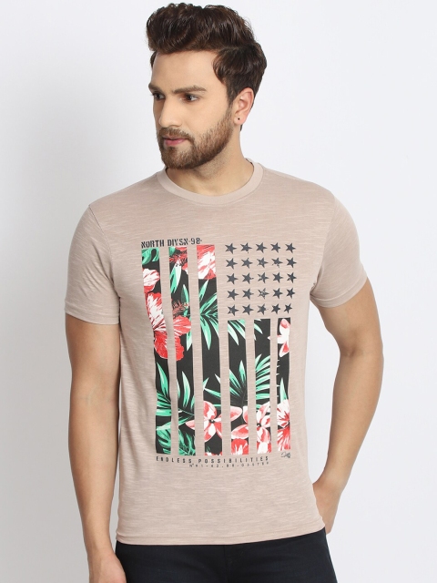 

98 Degree North Men Beige & Green Floral Printed Round Neck T-shirt