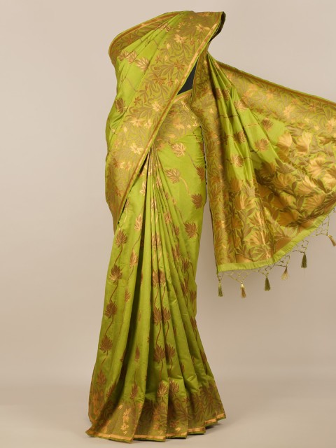 

Pothys Green & Gold-Toned Jute Silk Printed Saree With Tasseled Pallu