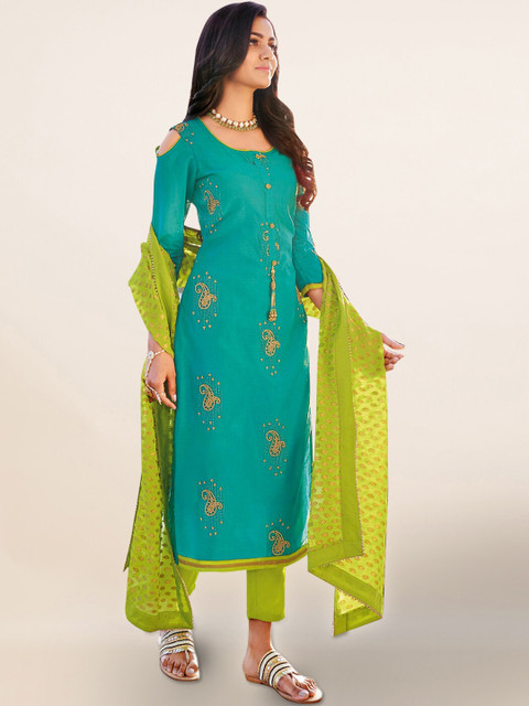 

Pothys Turquoise Blue & Fluorescent Green Silk Blend Unstitched Dress Material