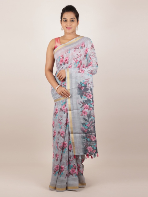 

Pothys Grey Printed Jute Silk Saree