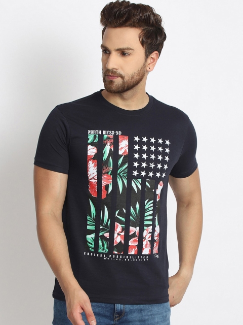 

98 Degree North Men Navy Blue & Green Floral Printed Round Neck T-shirt