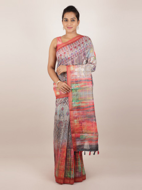 

Pothys Grey Printed Jute Silk Saree