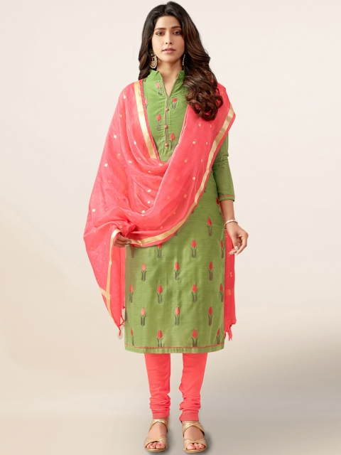 

Pothys Green & Coral Pink Cotton Blend Unstitched Dress Material