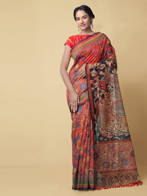 

Unnati Silks Red Silk Cotton Printed Chanderi Saree