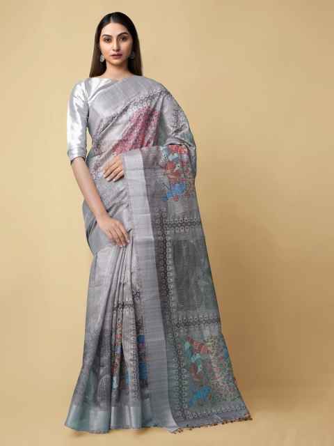 

Unnati Silks Grey Silk Cotton Kalamkari Printed Chanderi Saree