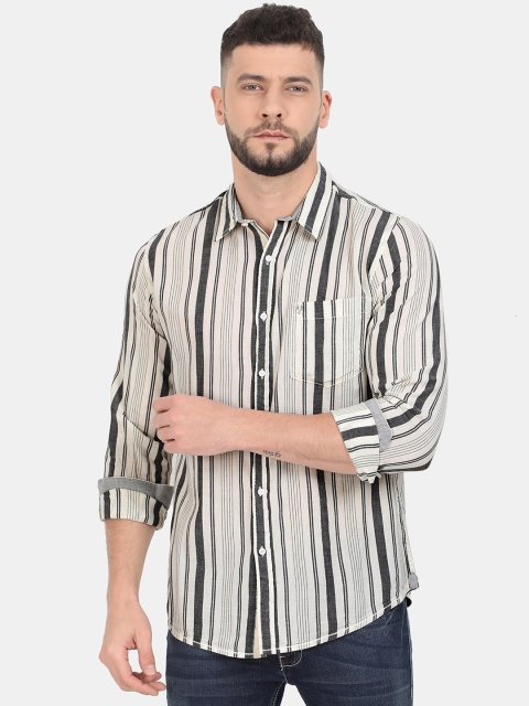 

VUDU Men Cream & Grey Regular Fit Striped Casual Shirt