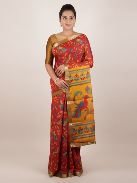 

Pothys Red & Yellow Jute Silk Printed Saree