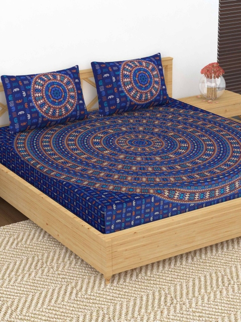 

METRO LIVING Blue Ethnic Motifs 104 TC Cotton 1 Queen Bedsheet with 2 Pillow Covers