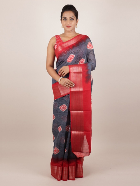 

Pothys Grey & Red Jute Silk Printed Saree
