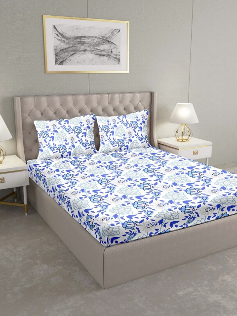 

BELLA CASA White & Blue Floral 124 TC Cotton 1 King Bedsheet with 2 Pillow Covers