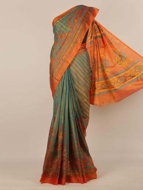 

Pothys Green & Orange Jute Silk Printed Saree