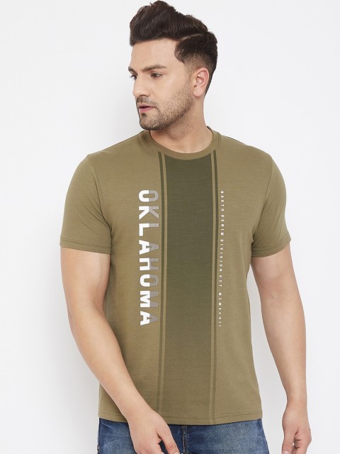 

98 Degree North Men Olive Green Printed Round Neck T-shirt