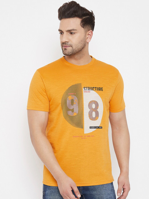 

98 Degree North Men Mustard Printed Round Neck T-shirt