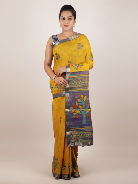 

Pothys Yellow & Blue Jute Silk Printed Saree