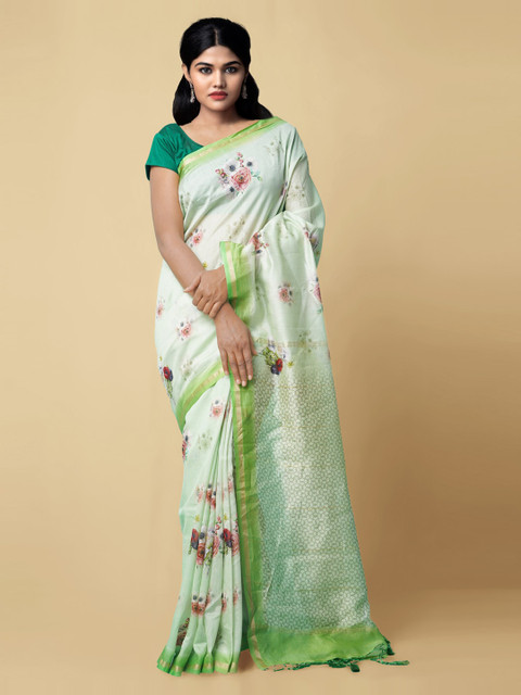 

Unnati Silks Green Silk Cotton Printed Chanderi Saree