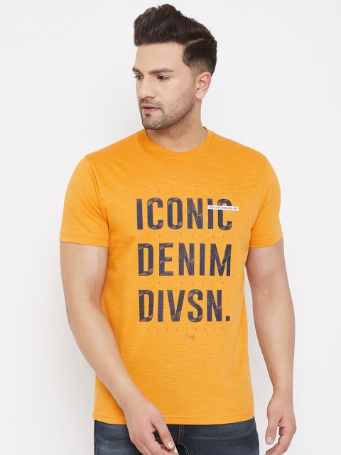 

98 Degree North Men Mustard Yellow & Navy Blue Printed Round Neck T-shirt