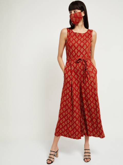 

max Women Rust Orange Printed Basic Jumpsuit With Matching Mask